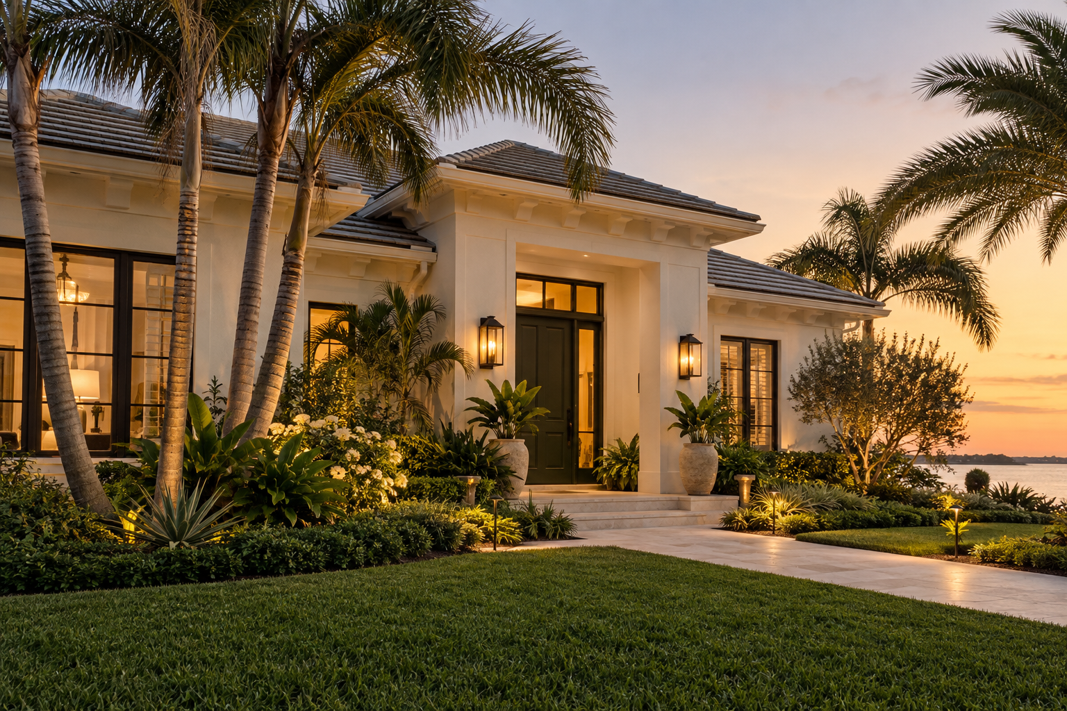 Warm exterior lighting welcomes you to a Florida home