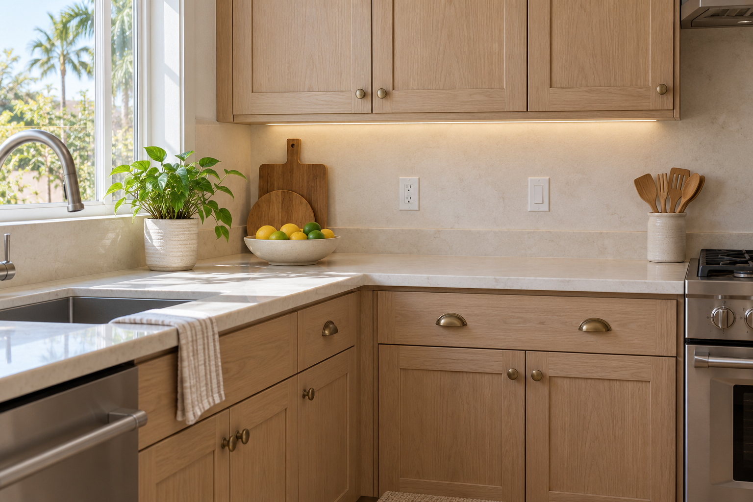 Standard outlet and light switch above a pale kitchen countertop