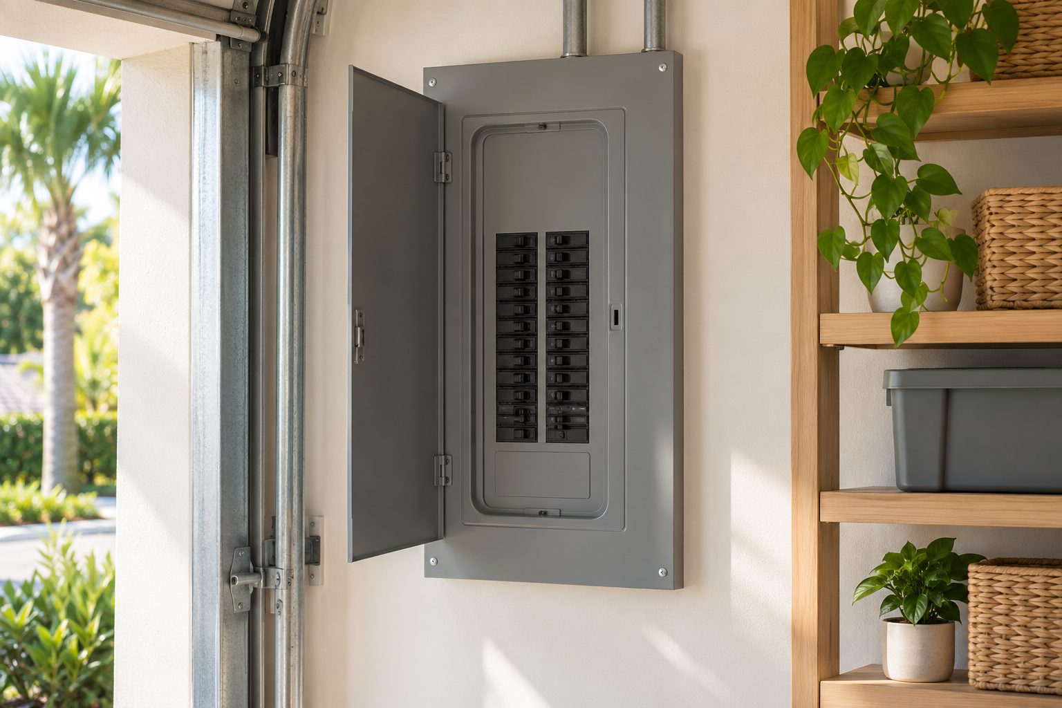 A modern breaker panel with its protective cover installed in a tidy garage