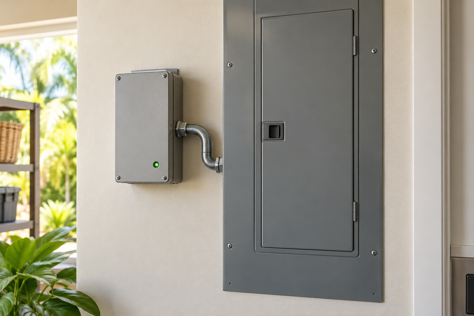 A closed surge protection enclosure installed beside an electrical panel