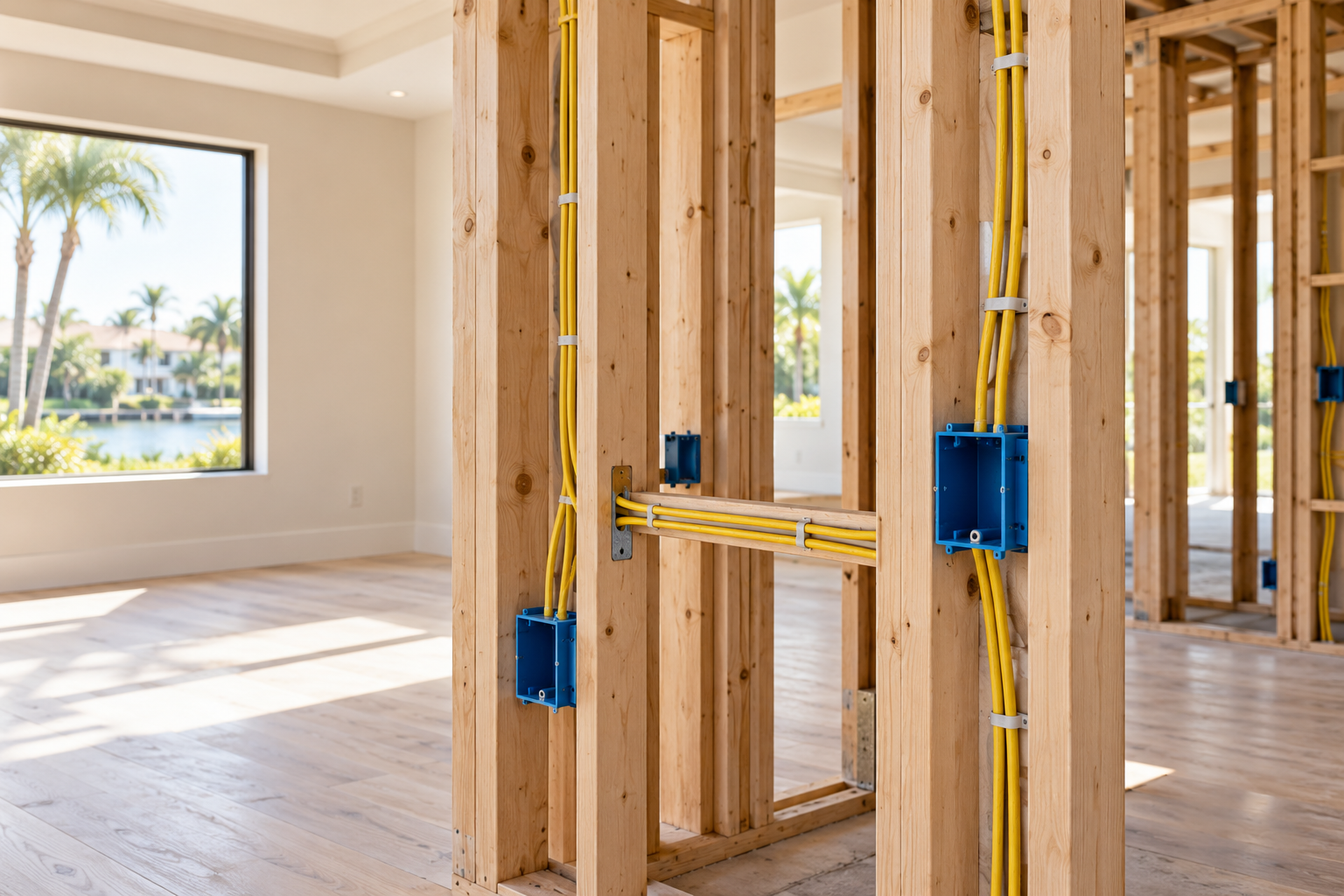 Orderly electrical rough-in within the timber framing of a home renovation