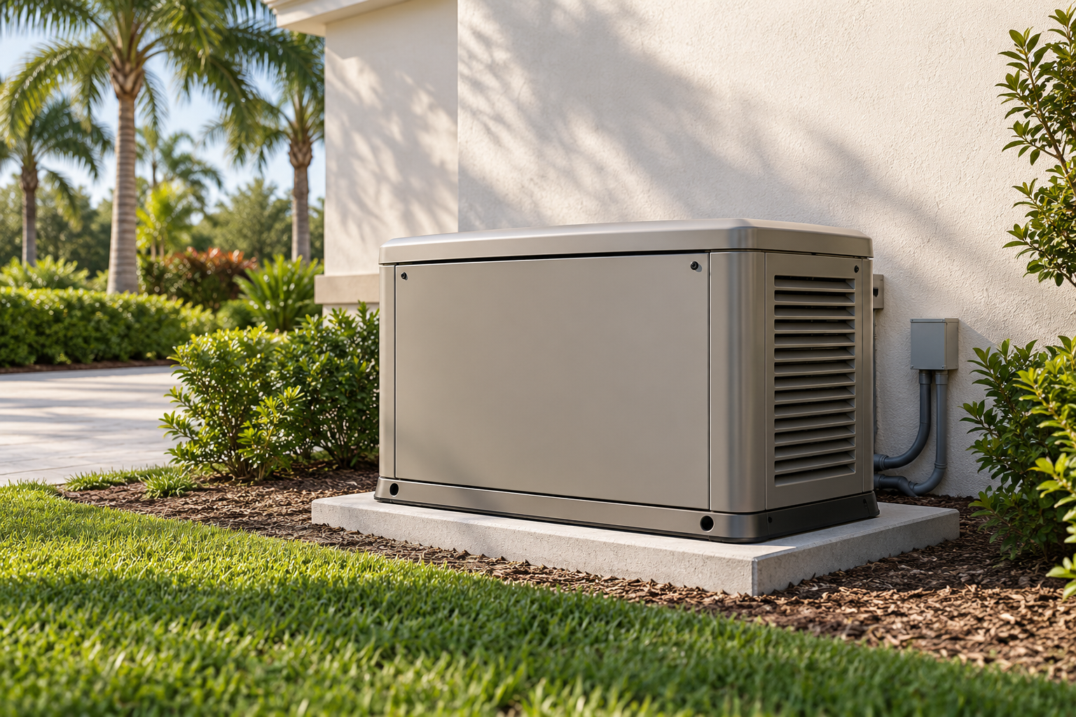 A residential standby generator on a concrete pad beside a Florida home