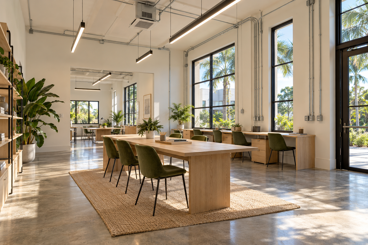 A bright commercial workspace with linear lighting and neatly routed conduit
